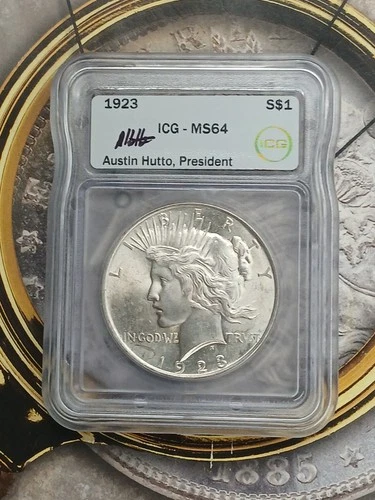Silver 1923 Peace  Dollar ICG-MS64  Austin Hutto President   TP-9575