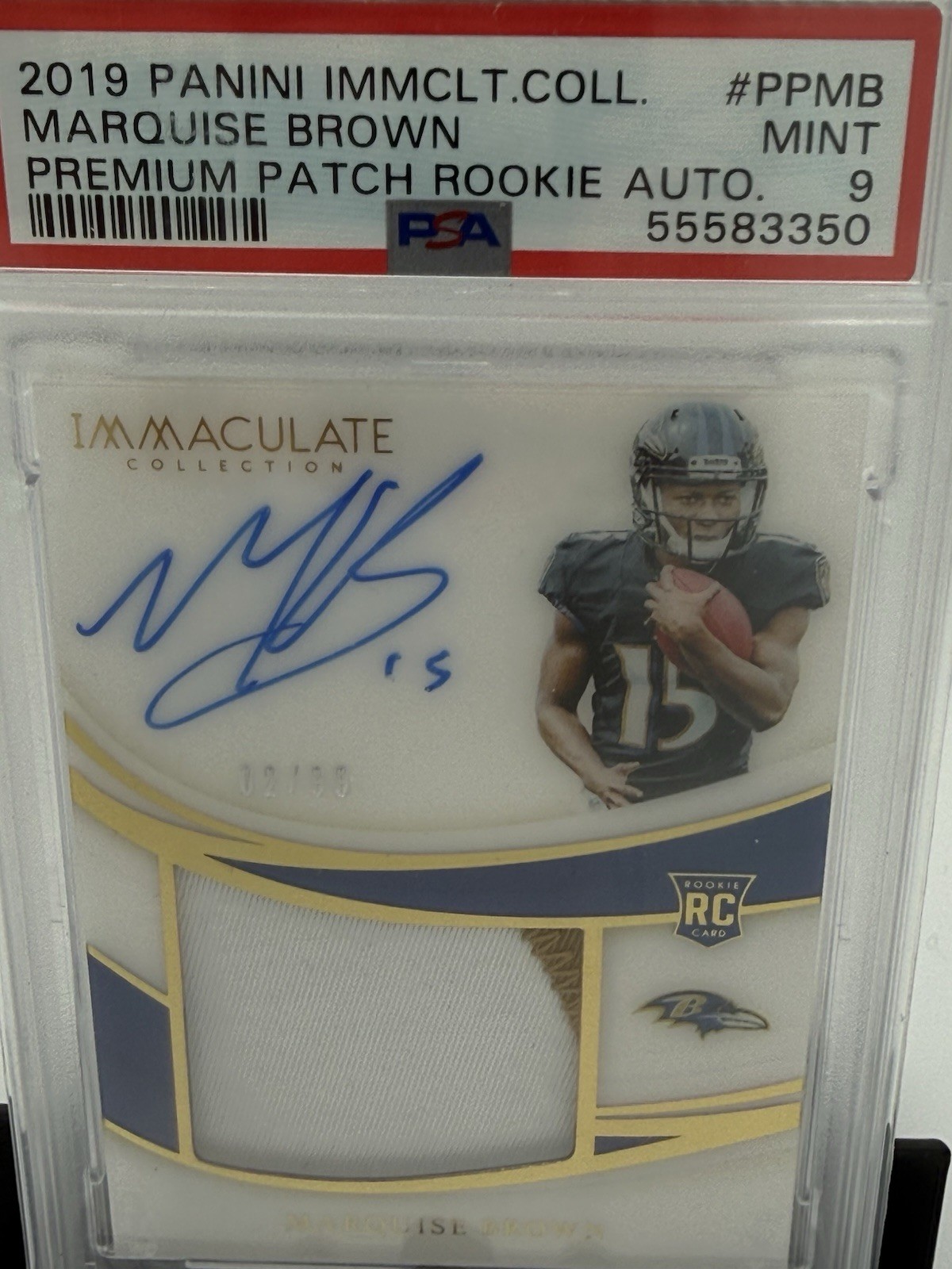 Marquise Brown 2019 Panini Immaculate Premium Patch Rookie Auto /99 PSA 9 view 5