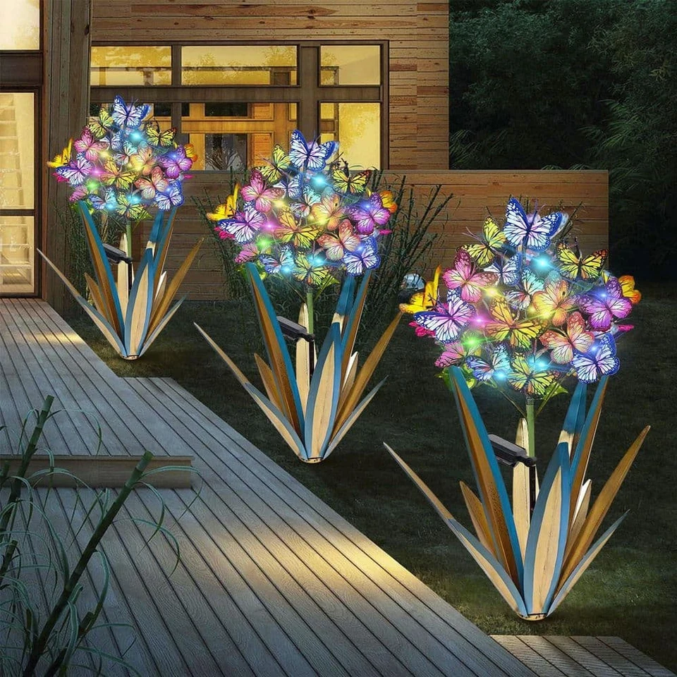 USSolar Metal Agave Butterfly Flower Stick Garden Sculpture (3 Pieces Blue)-0CKQ - Image 2 of 4