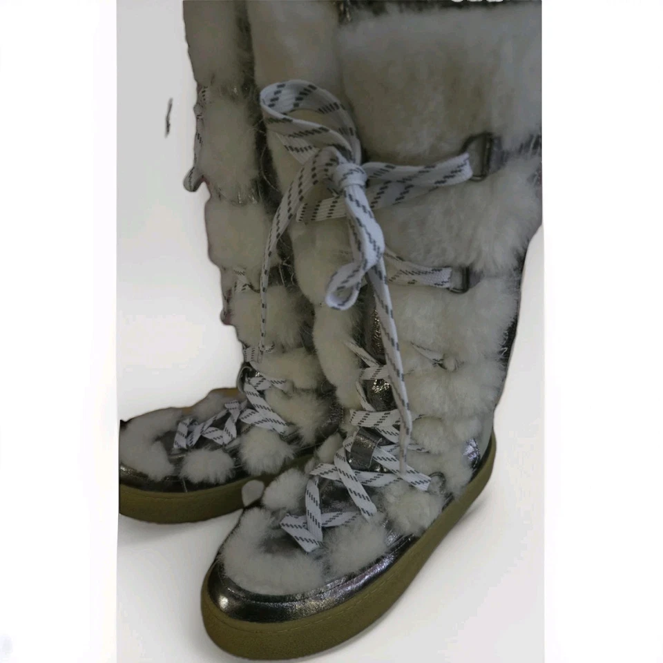 Free People Wilder Mukluk Tall Boots Faux Fur Lined Silver Leather Lace Up 8 - Image 4 of 4