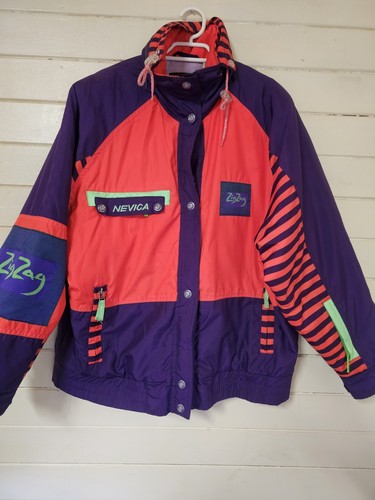 Vintage 90s NEVICA Zig Zag Jacket Neon Ski Pink/Green/Purple With Zip Hood Sz. 8 - Bild 2 von 14