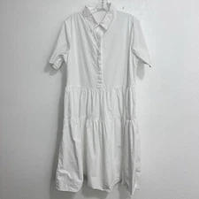 Q2 White Tiered Dress Button Front 100% Cotton Size M Short Sleeve Lightweight
