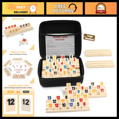 6 Player Rummy Cube Game Set with 160 Large Tiles, Wooden Racks & Zipper Case -
