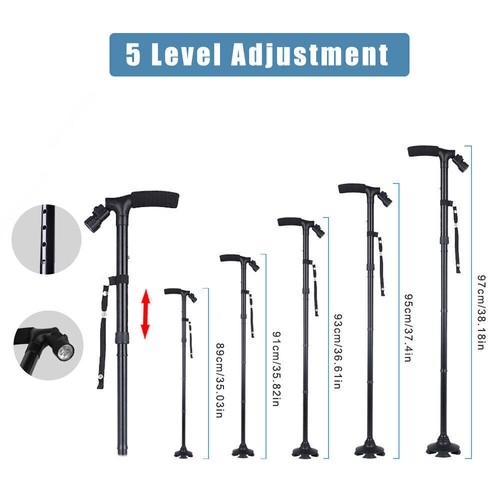 FOLDABLE WALKING STICK WITH LED LIGHT DISABILITY HEAVY DUTY CANE TORCH ALUMINIUM - Picture 3 of 24