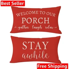 Welcome to Our Porch Stay Awhile Farmhouse Throw Pillow Covers 12x20 Set of 2...