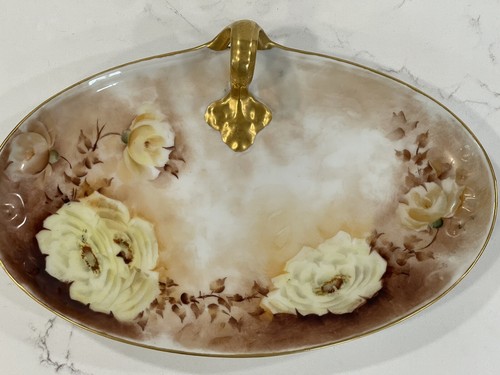 Limoges Frankreich Kommode Waschtisch Schmuck Tablett Floral Goldgriff Rand 10 1/2 Zoll - Bild 1 von 7