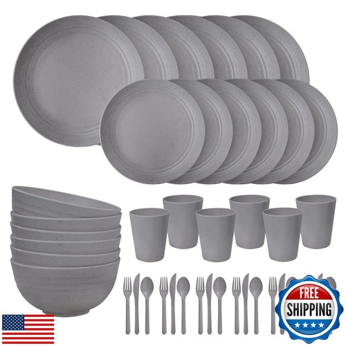 EI 42pcs Wheat Straw Dinnerware Set,Reusable Plastic Plates Unbreakable,Plate