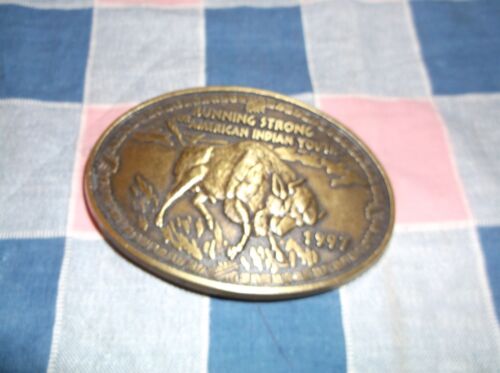 v2. Belt Buckle 1997 Running Strong for American Indian Youth 2 3/8 x 3 3/8 Inch - Picture 1 of 2