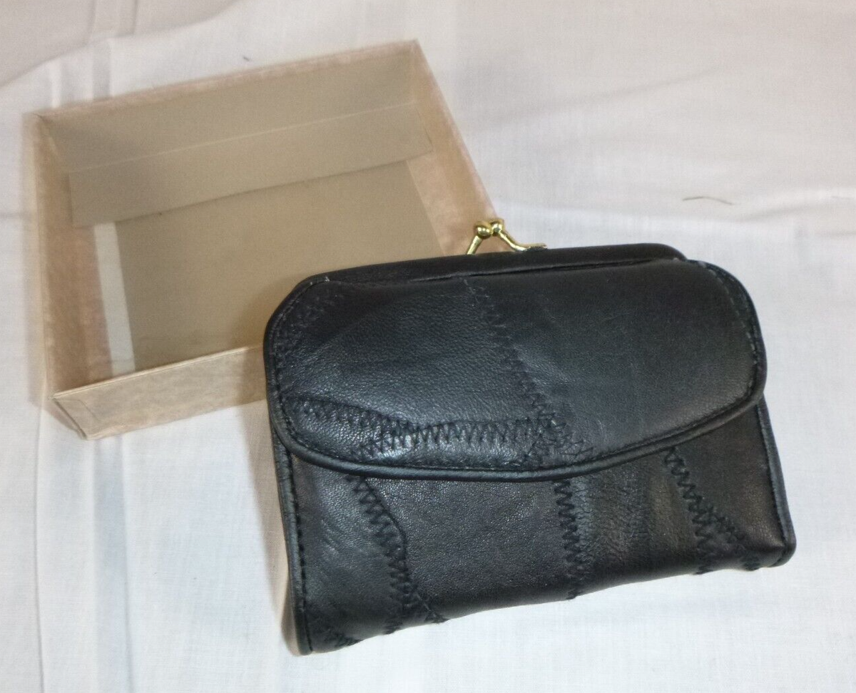 NOS Vtg 70s KMart Black Leather Patchwork Wallet W/ Kiss Clap Coin  Compartment - Main Image