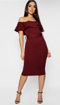 boohoo red ruffle dress Red Ruffle Satin Maxi Slip Dress