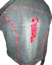 VTG Y2K Denim JEAN Jacket 3X Stretch RED DRAGON EMBROIDERY TRUCKER BIKER Grunge