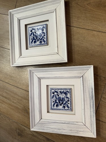 Set Of 2 DELFT Tile Art CLASSIC BLUE & WHITE Wood Framed Matted Target 2000 - 第 7/8 張圖片