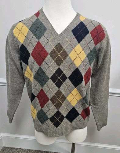 J Crew Mens 100% Lambs Wool V Neck Argyle Sweater Large - Picture 1 of 8