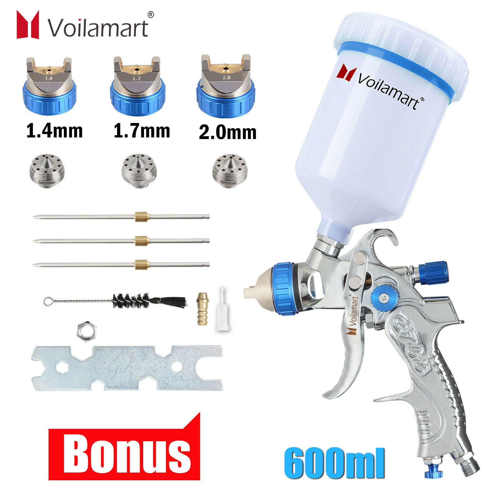 HVLP Spray Gun Kit Gravity Feed Car Primer Paint 1.4mm 1.7mm 2.0mm