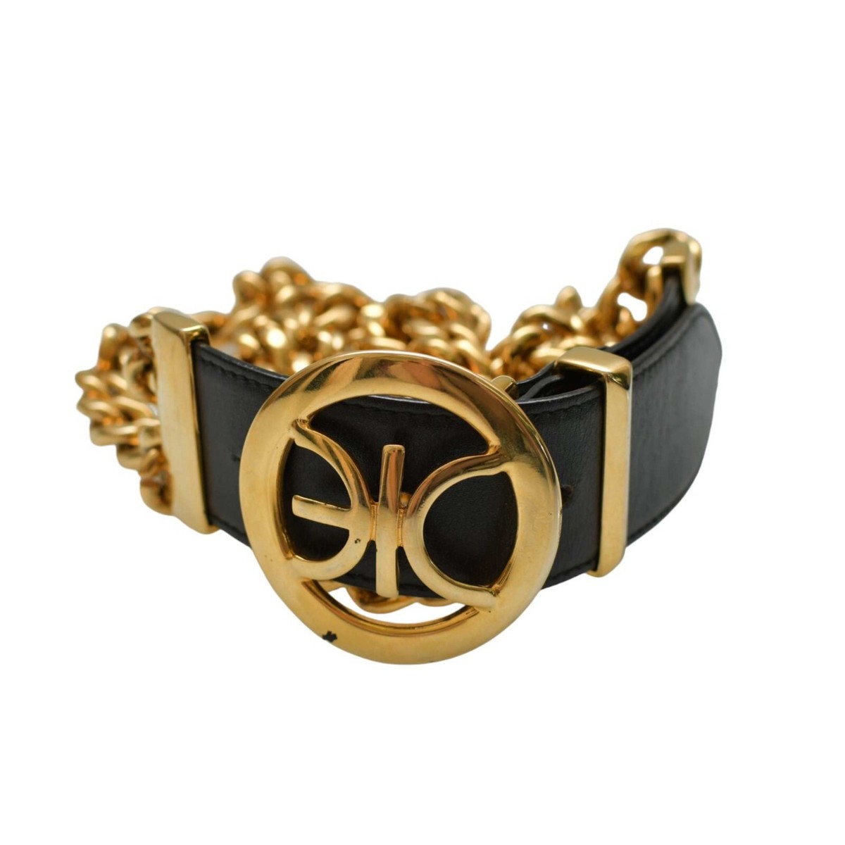 Iceberg Ice Black Leather Gold Tone Round Buckle Chains Waist BELT