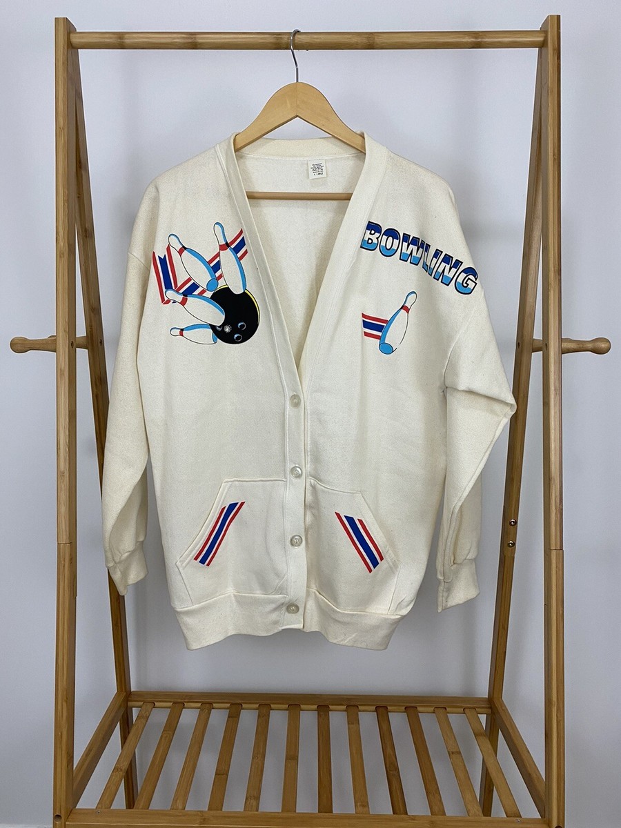 トップス 80s Sport Wear Cardigan VTG 80s Bowling Themed Strike Spare Pocket Cardigan 50/50