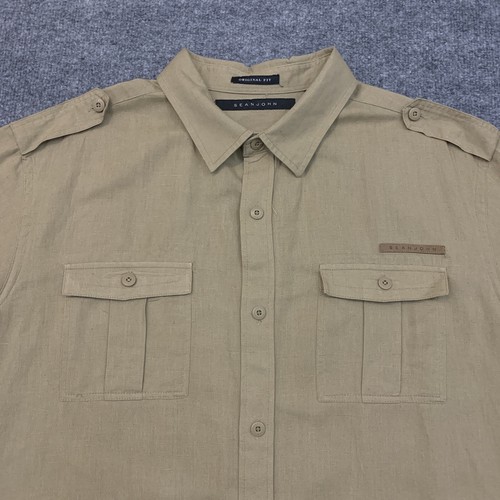 Sean John 3XL Original Fit Beige Cargo Linen Cotton Short Sleeve Button Down - Picture 2 of 9