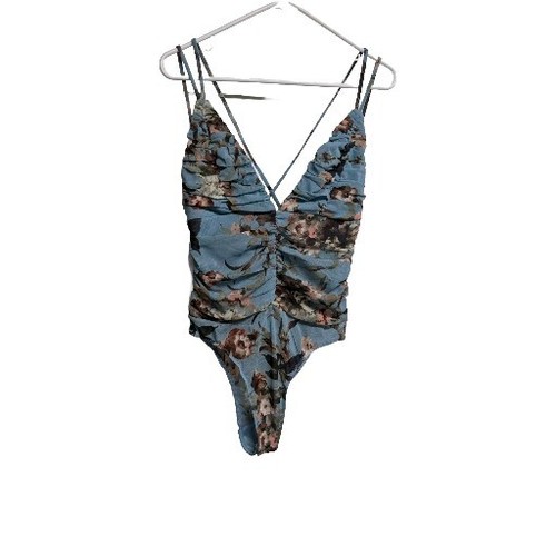 Lulus Bodysuit Women Large Sleeveless Open Back Strings Floral Blue Brown L