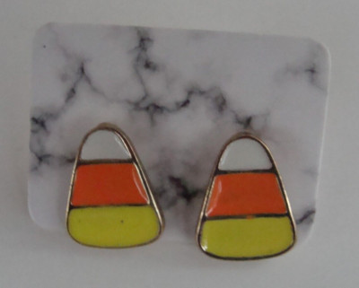 NEW Candy Corn Orange Enameled Halloween Pierced Post Stud Goldtone Earrings