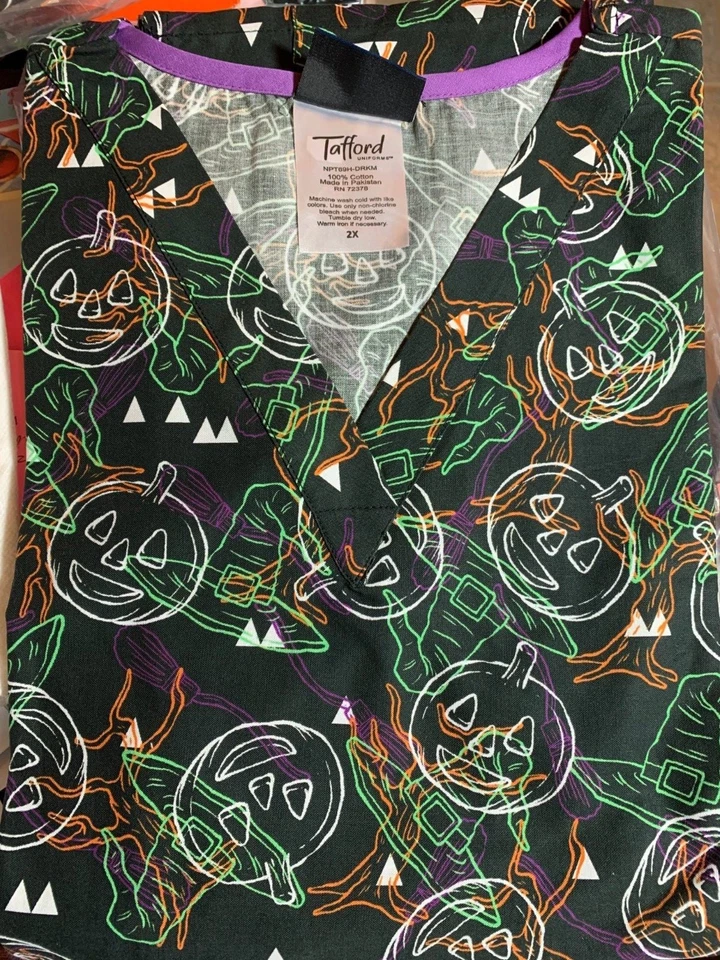 TAFFORD SCRUB TOP SIZES XS, S, M, HALLOWEEN AFRAID OF THE DARK, BLACK OUT NWT - Image 2 of 4