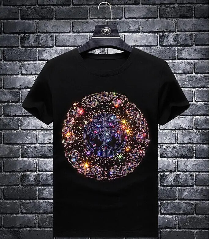 Men Luxury Rhinestones Fashion Diamonds Black T-Shirt High Quality