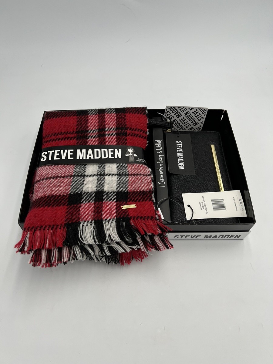 Steve Madden Piece Set Scarf Wallet Wristlet Clutch Black Red Plaid New  S2