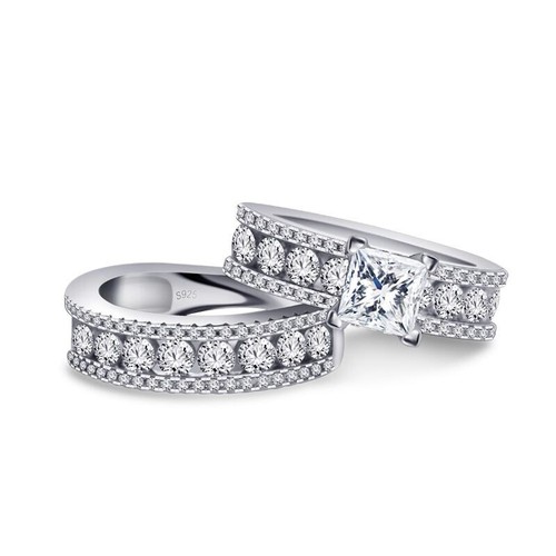 Handmade 3CT Princess Cut Ring With Round Brilliant Pave Set Diamond Band Size 4 - Picture 2 of 6