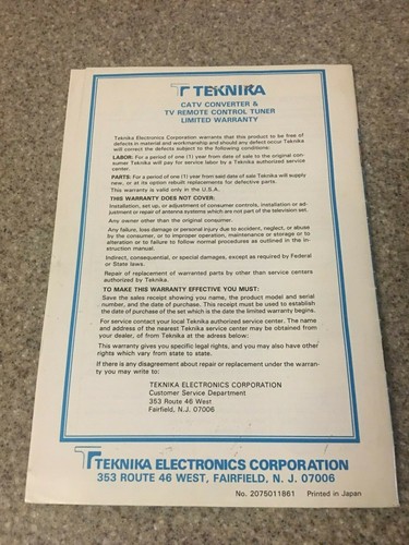 Teknika CATV Service Manual & Owner's Guide Model 6510 OEM 1984 TV Converter - Picture 7 of 8