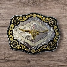 Cowboy Belt Buckle - Long Horn Bull Head and Stars 4.25"x3.25" Silver/Black/Gold