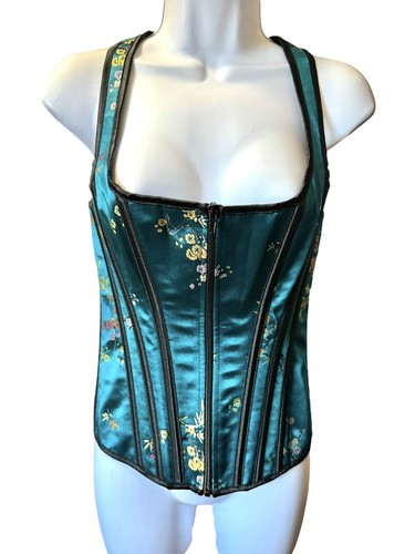 Bedroom Stories Floral Teal and Black Corset Lace Up Back Size Medium - Picture 2 of 8