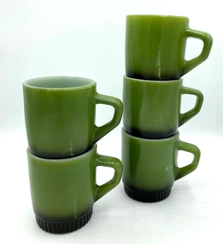 5 VTG Anchor Hocking Fire King Avocado Green Black Stackable Coffee Mugs Ribbed