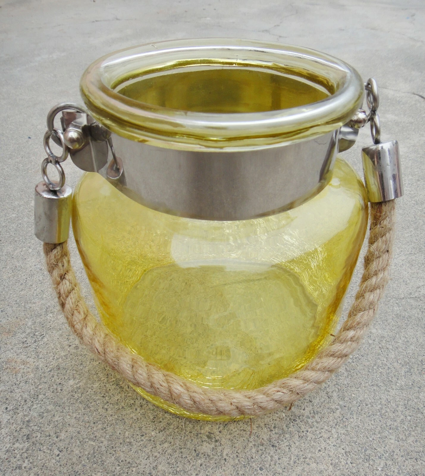 5.50" H Yellow Glass Jar Half Crackled With Hanging Jute Rope