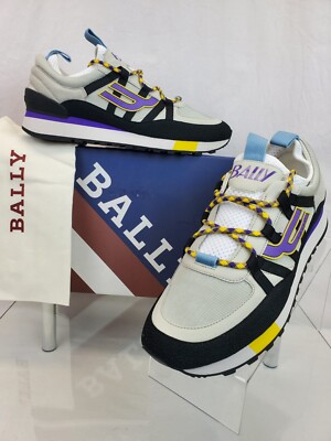 NIB BALLY GLICK BLACK DUSTY WHITE FABRIC LEATHER LOGO LOW SNEAKERS 9.5 US 42.5