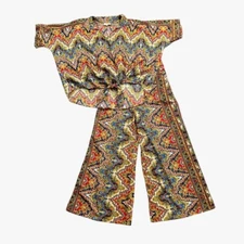 Boemo Blouse Pants Set Women Large Multi Paisley Floral Wide Leg Tie Front 2 PC