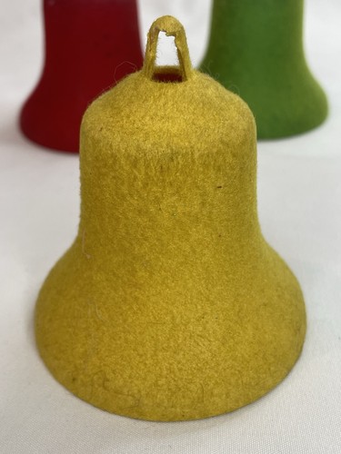 3 Vintage Flocked Plastic Bell Shaped Christmas Ornaments Green, Red & Yellow - Picture 14 of 18