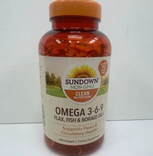 Sundown Non-GMO Clean Nutrition Omega 3 6 9 Heart Health 200 Softgels Exp 04/26