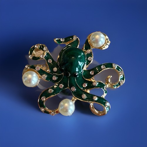 Betsey Johnson MULTICOLOR Green Enamel PEARL OCTOPUS Pendant NECKLACE Or Brooch - Picture 2 of 3