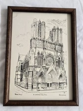 Vtg. Reims Marne cathedral Notre Dame. DuCourtioux print, framed.
