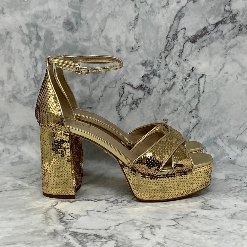 Sam Edelman Para Mujer 8.5M Lentejuelas Doradas Jullian 2 Plataforma Tacones Correa para el Tobillo BR19-7 Foto 3 de 4