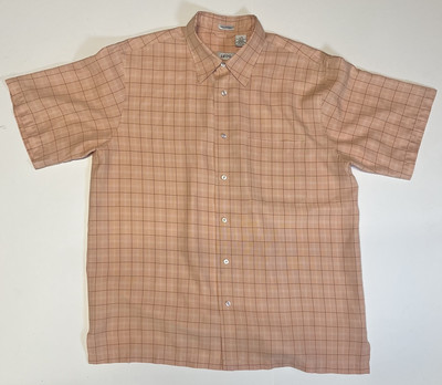 IZOD Polynosic Mens Large Salmon Plaid Short Sleeve Button Front Comfort Relax