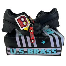 Vintage US BRASS Heels Chunky Lace Up Leather Shoes Black Girls Kids Used UK 13