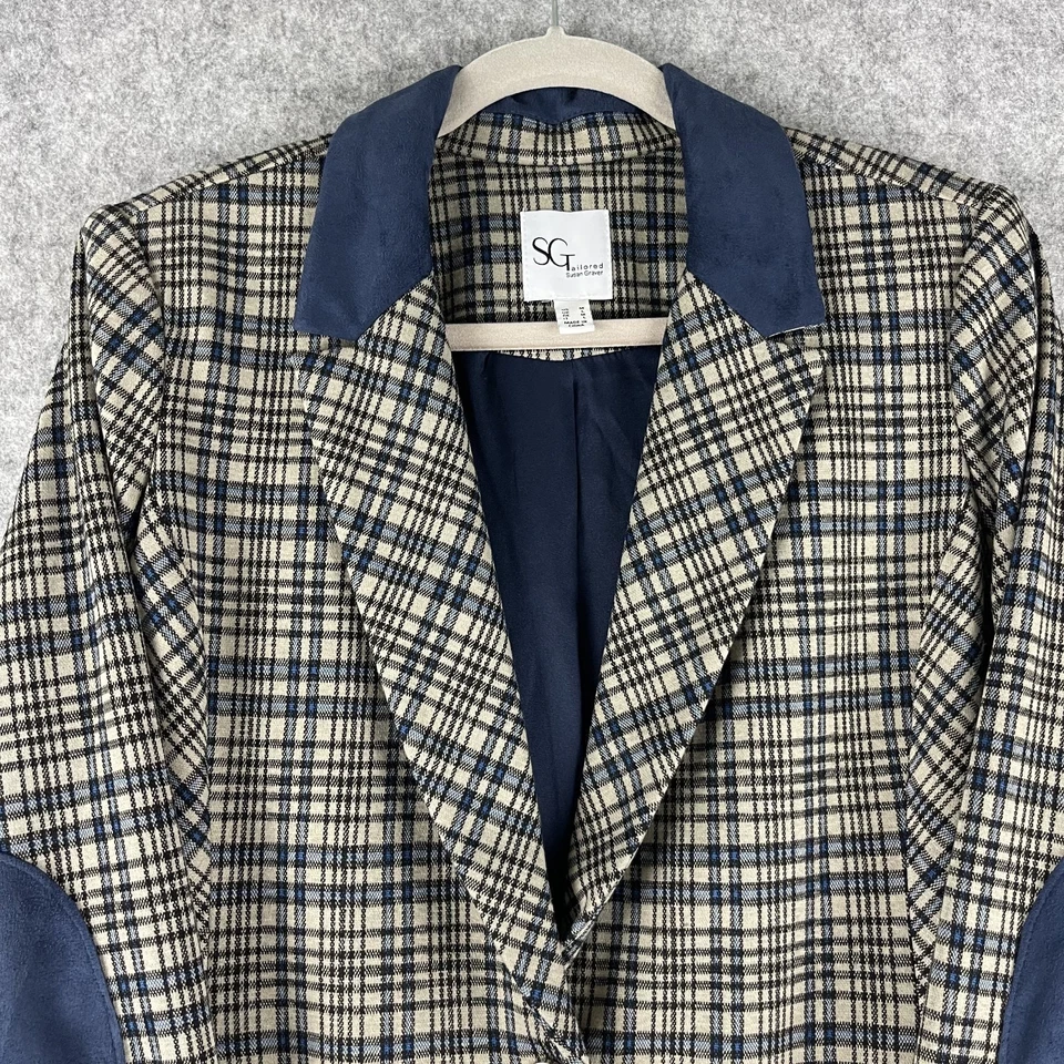 Susan Graver Tailored Jacquard Knit Blazer Women Medium Plaid Elbow Patch Career - Image 2 of 4