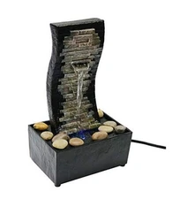  10" H Slate Brick Wall Tabletop Water Fountain with Natural River Rocks and 