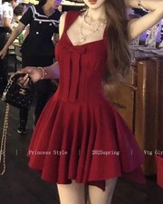 Women’s Red Sleeveless Sweetheart Fit & Flare Mini Dress Bow Pleated L
