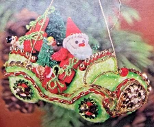RARE LeeWards SANTA'S CAR Green Sequin Bead Vintage Christmas Ornament KIT 1975
