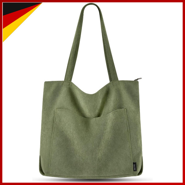 Handtasche Damen Tote Bag Groß UmhäNgetasche Cord Stofftasche GrüN FüR Schule-image