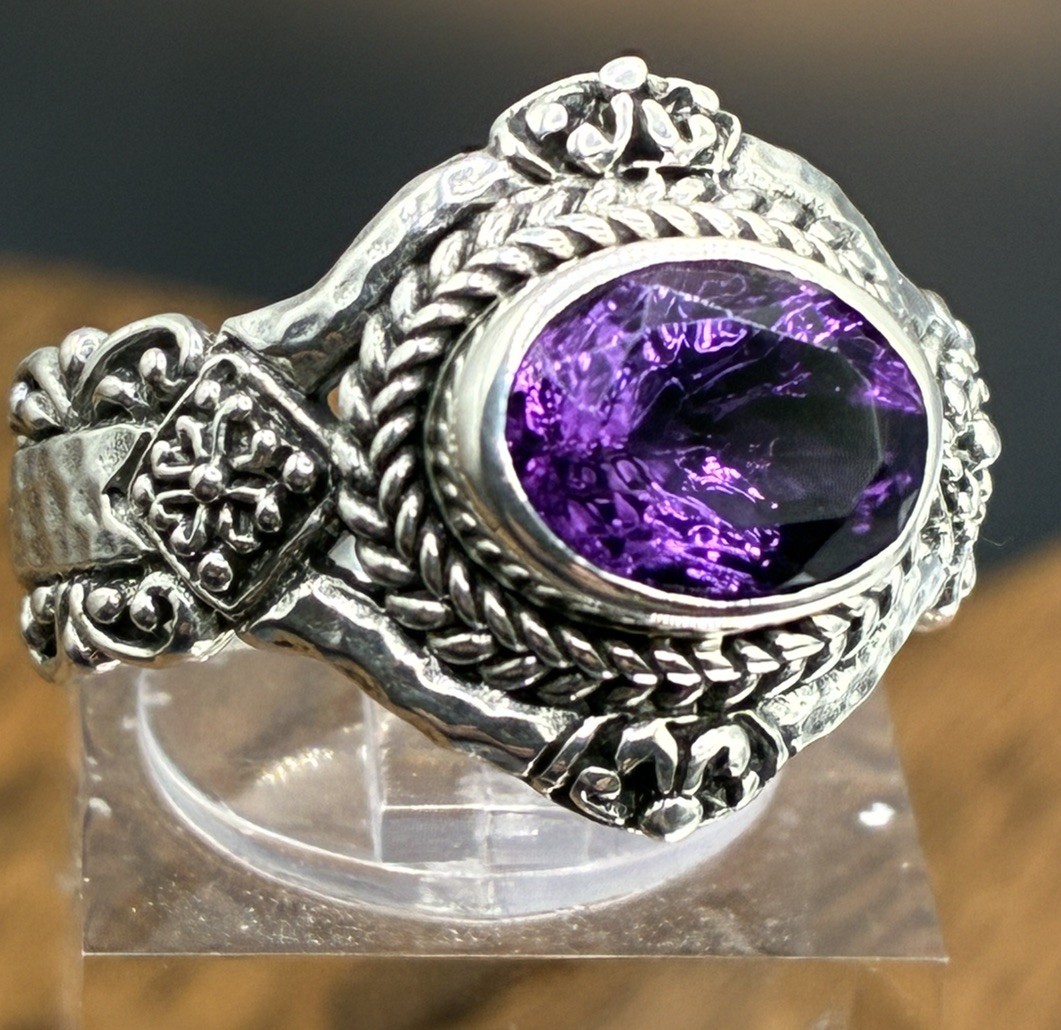 Sarda Brazilian Amethyst and Sterling Silver Size 8 Solitaire Ring