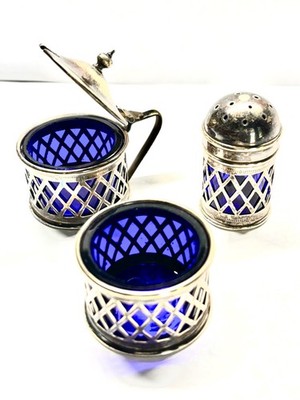Vintage English EPNS 3pc Set Open Cellar Lidded Salt Pot & Shaker w Cobalt Liner
