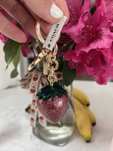 Coach Strawberry Bag Charm Key Ring New With Tag F68418 Pink Glitter Rare - Picture 4 of 5