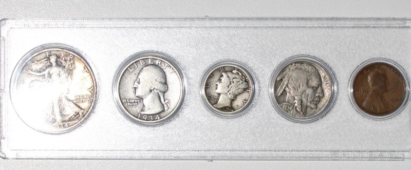 1934 US Coin Year Set Nice Half-Dollar, Quarter, Dime, Nickel & Cent 5 Coin Set
